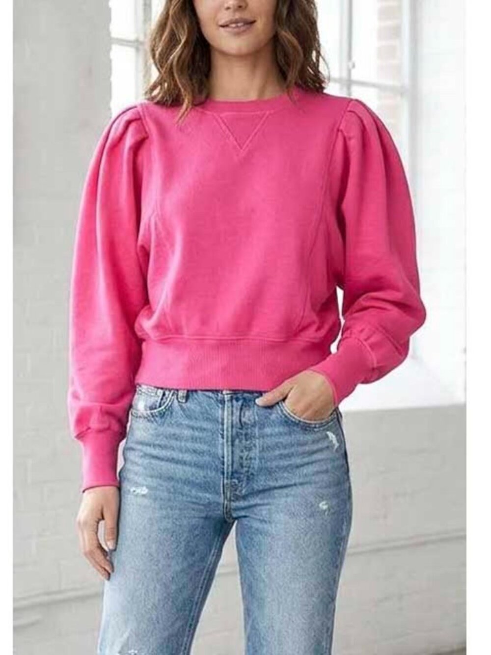 SOLDOUT.NYC Pleated Sleeve Sweatshirt with Ribbed Details Electric Pink M Retro
